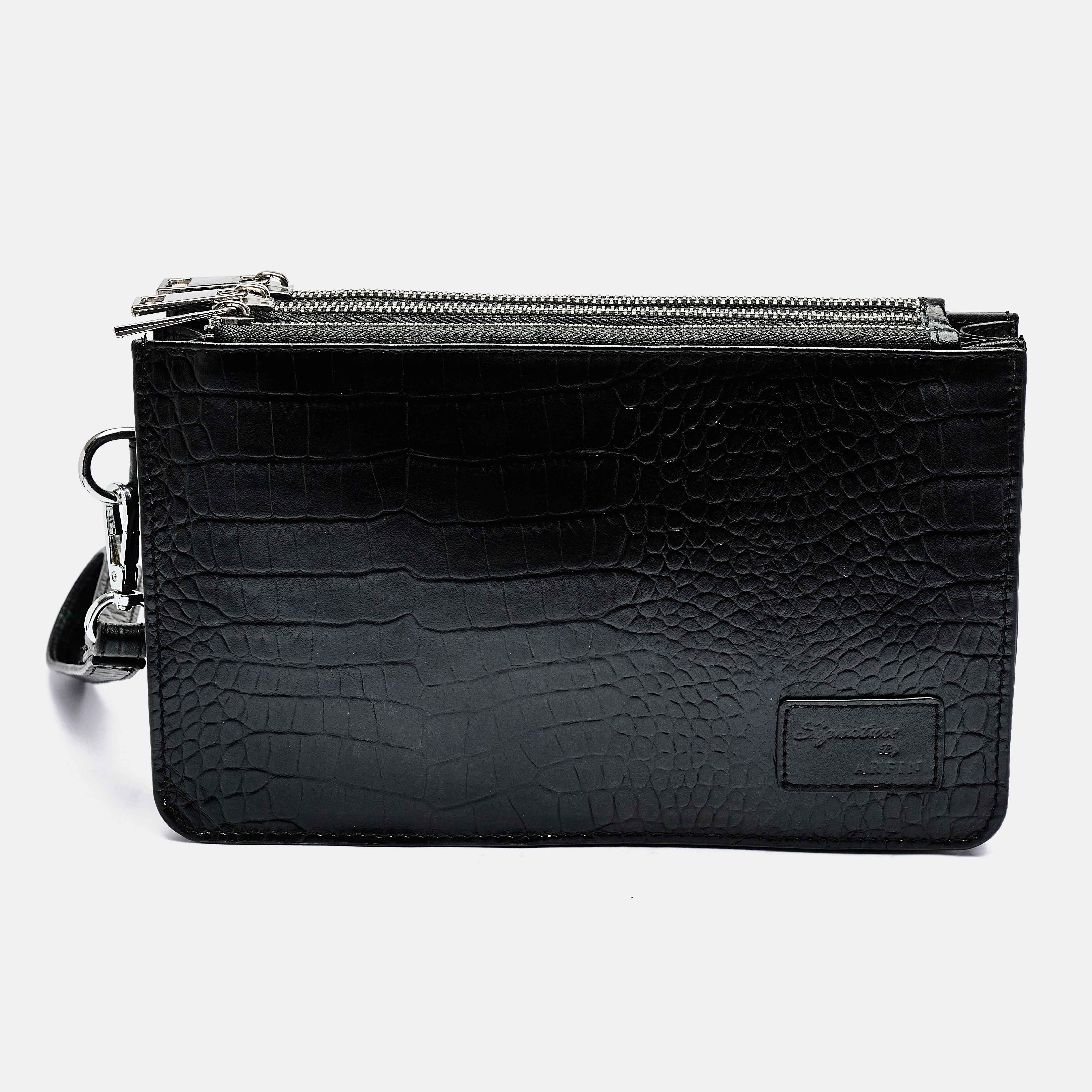 Black Croco Triple Zipper Hand Clutch