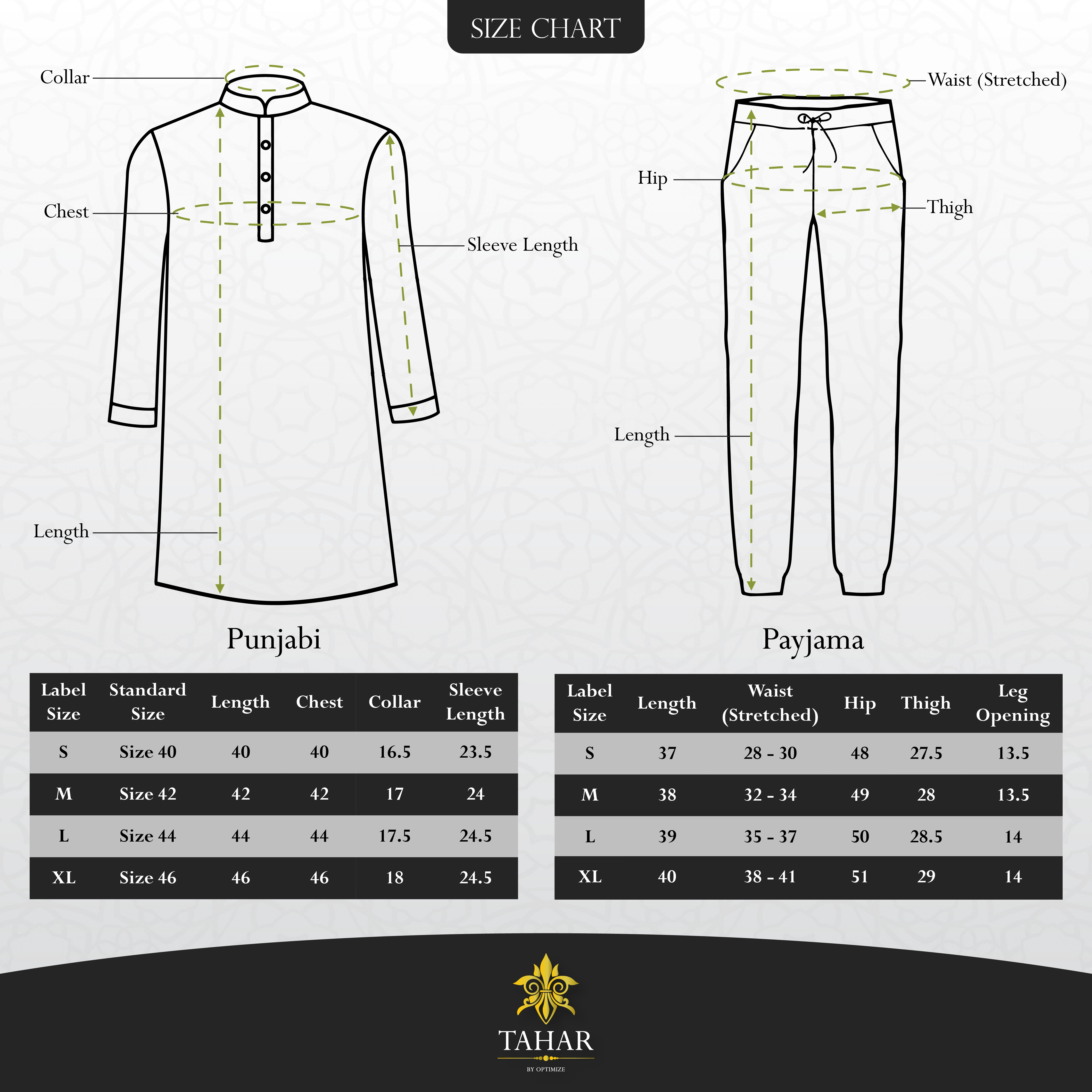 TAHAR size guide for Panjabi