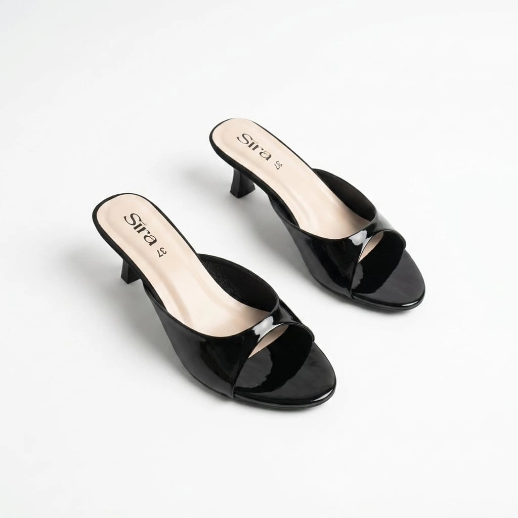 Sira Noir Gloss Flare Mules