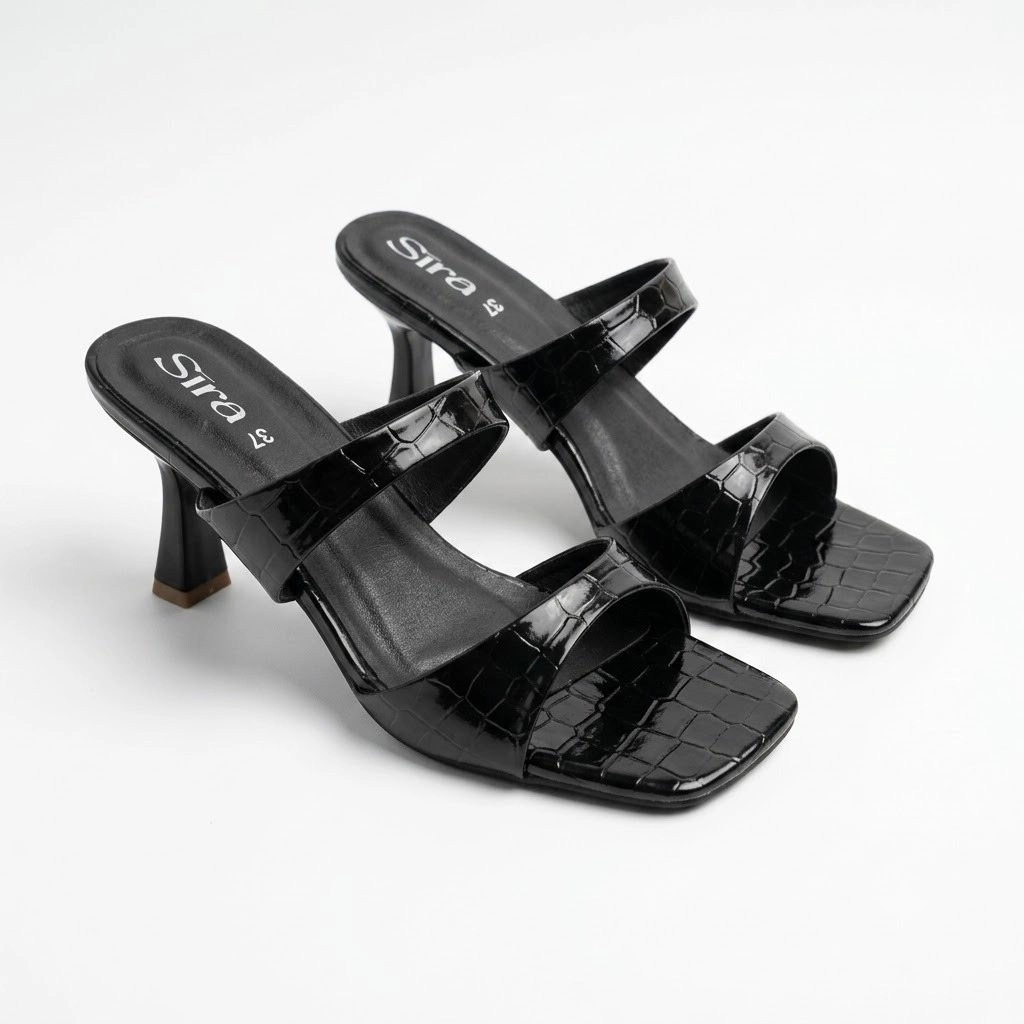Sira Noir Croc Flare Mules