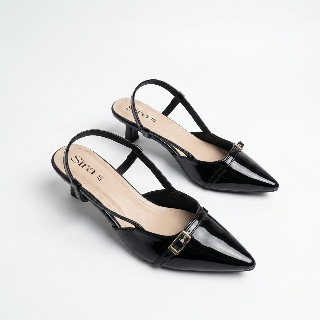 Sira Noir Patent Kitten Slingbacks