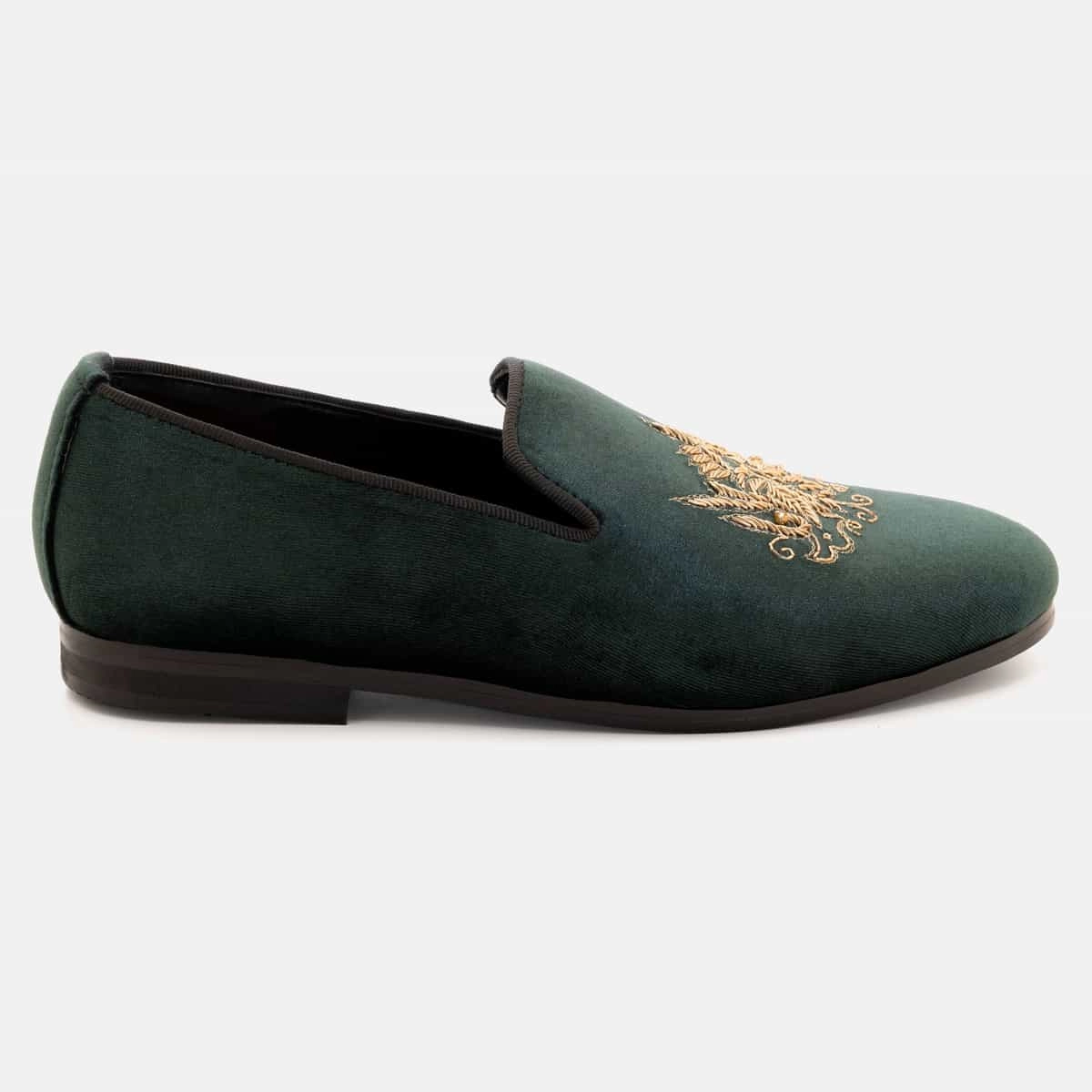 Green Tribal Zardozi Velvet Slip-On