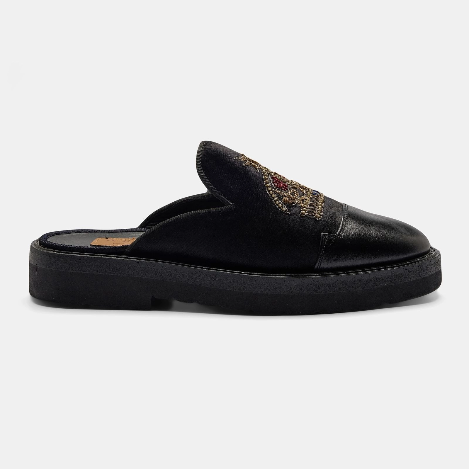 Black Velvet Embroidered Crown Mule