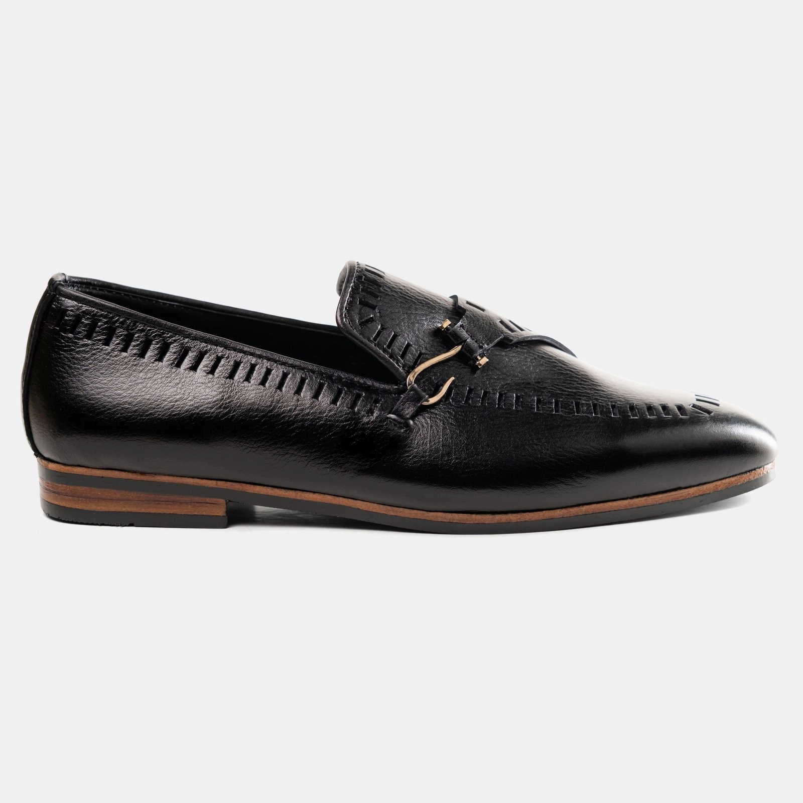 Single Hook-Strap Black Punched Loafer