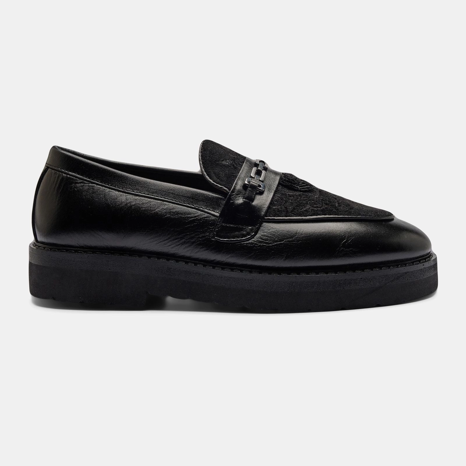 Black Floral Embroidered Suede Chunky Loafer