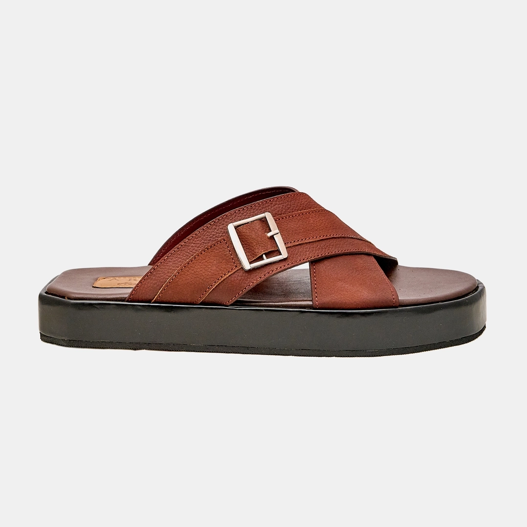 Cross Buckle Handmade High Sole Sandal Brown