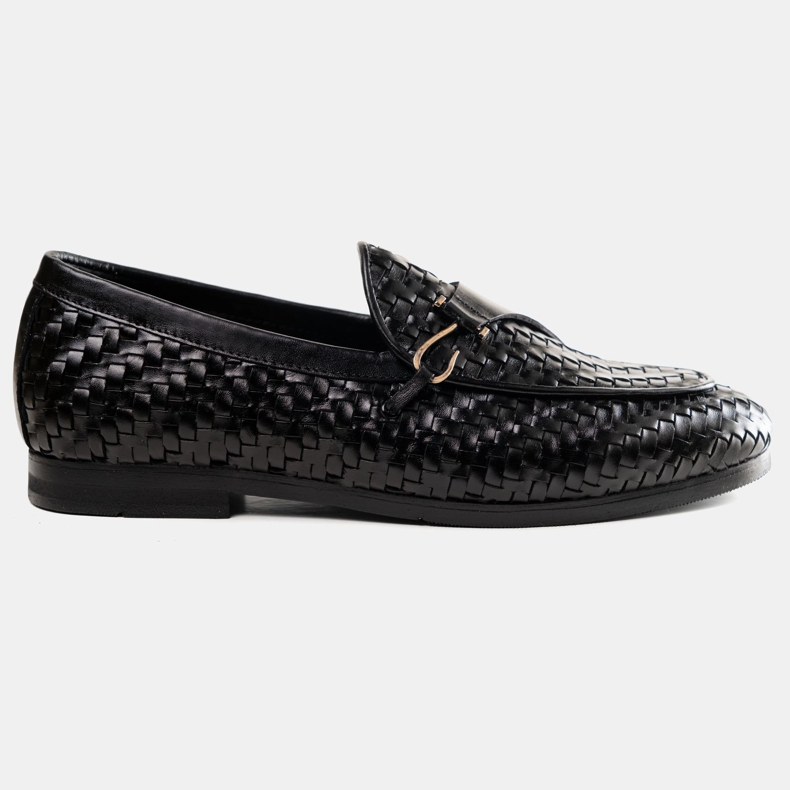 Single Hook-Strap Braided Black Loafer