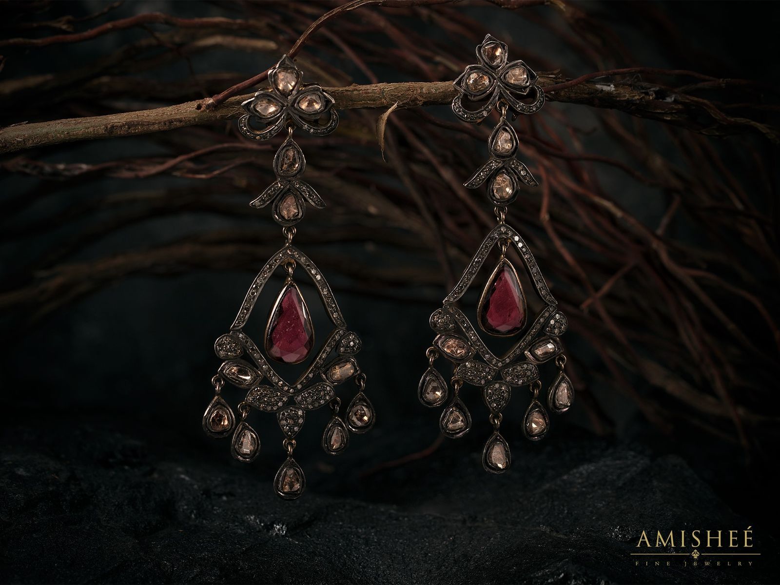 Image of Gold Earrings with Precious Stones