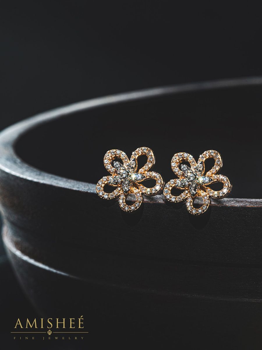 Image of Gold Floral Earrings with Diamonds