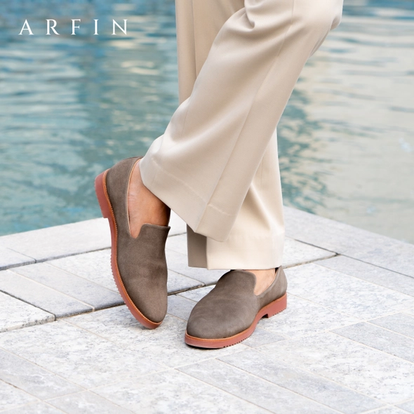 Lightweight Grey Suede Plain Loafer with Red Sole Image