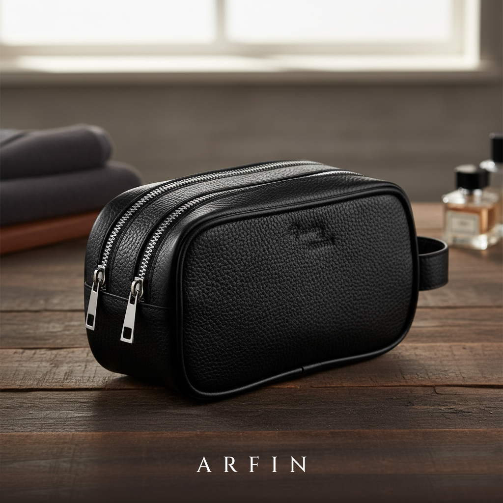 Double Chamber Toiletry Bag Black Grain  Image