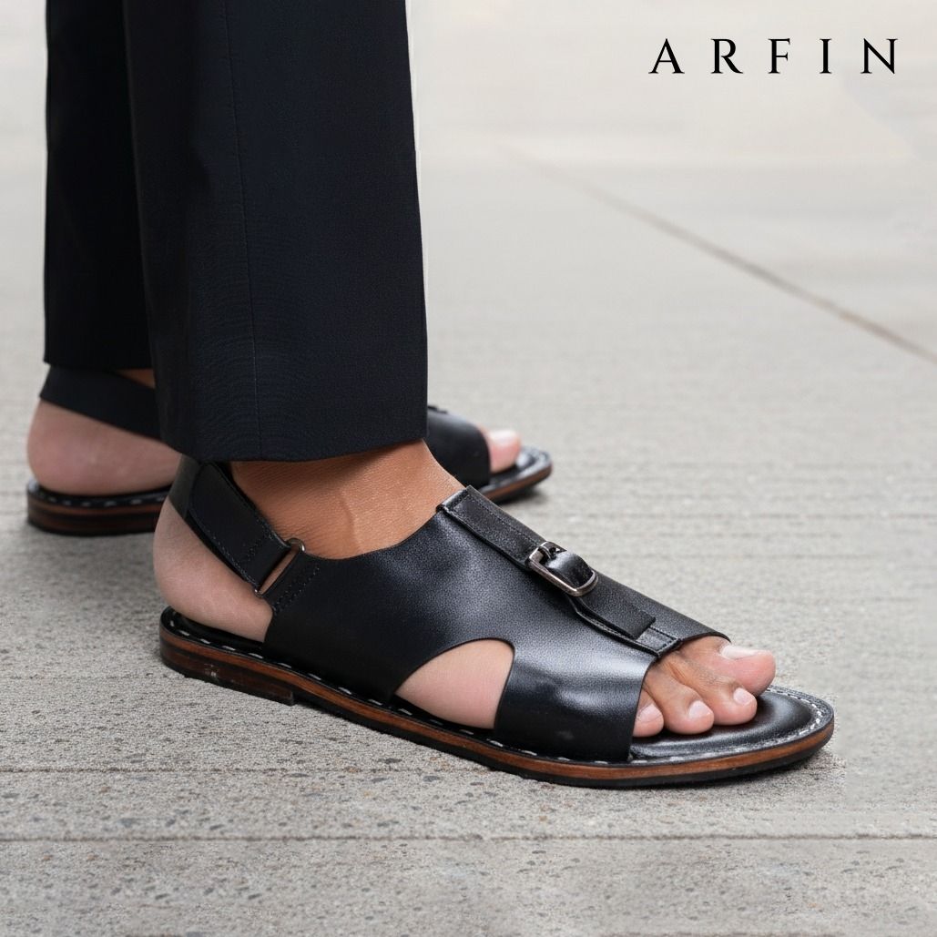 Handmade Straight Buckle Strap Sandal Black Image