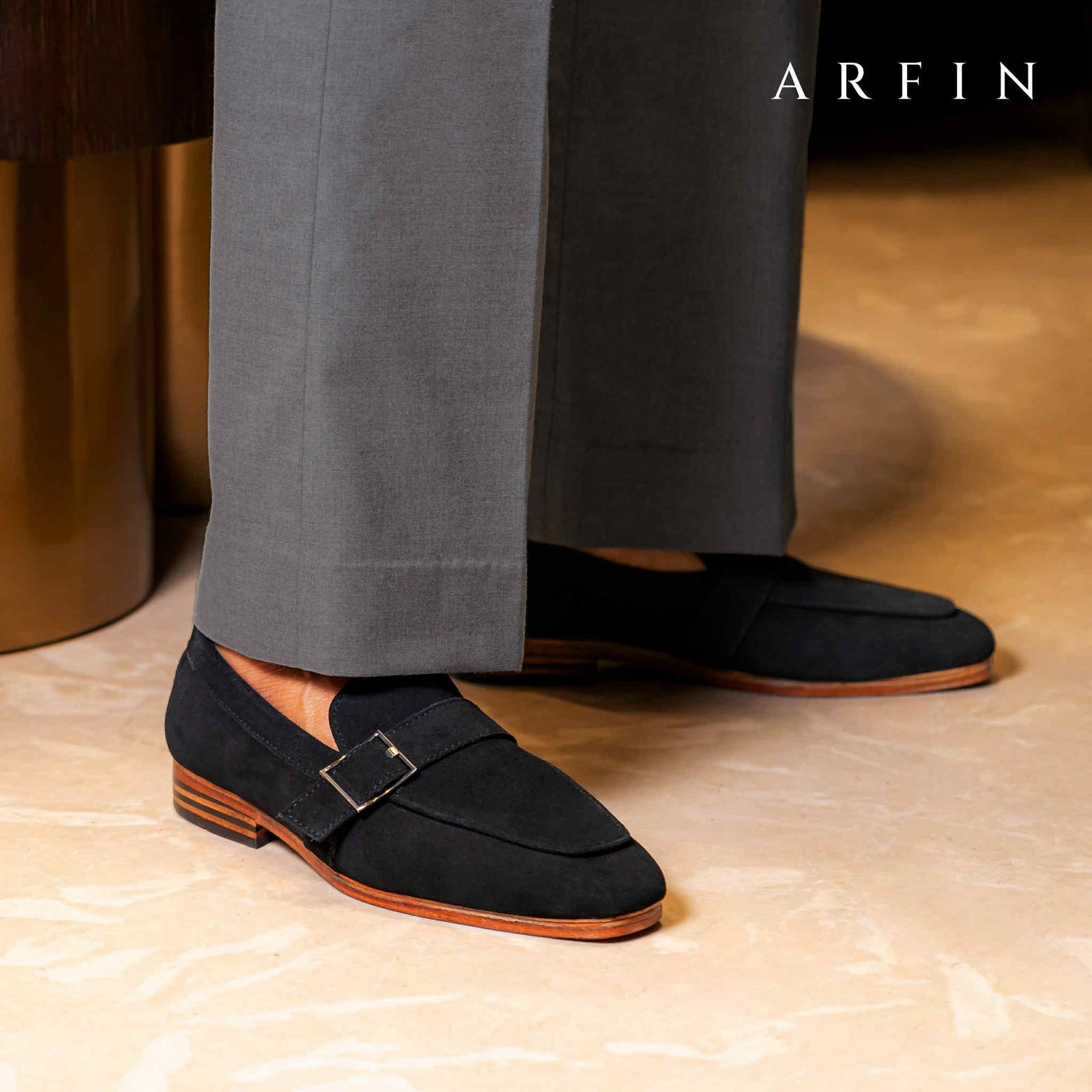 Export Suede Single Buckle Leather Sole Loafer Black Image