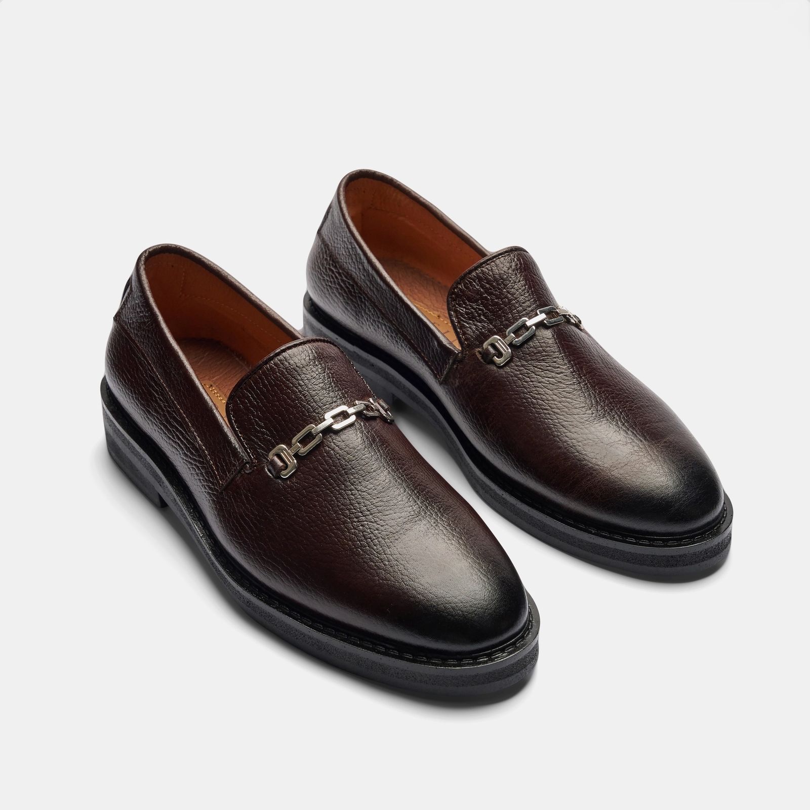 Dark Brown Pebbled Leather Chunky Chain Loafer