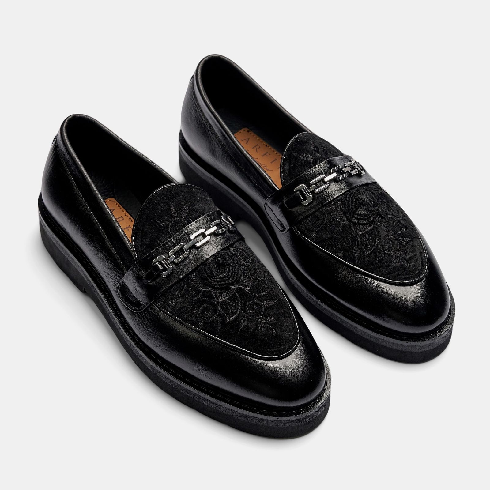 Black Floral Embroidered Suede Chunky Loafer