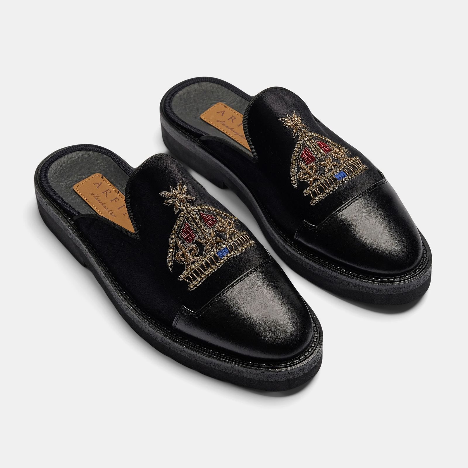 Black Velvet Embroidered Crown Mule