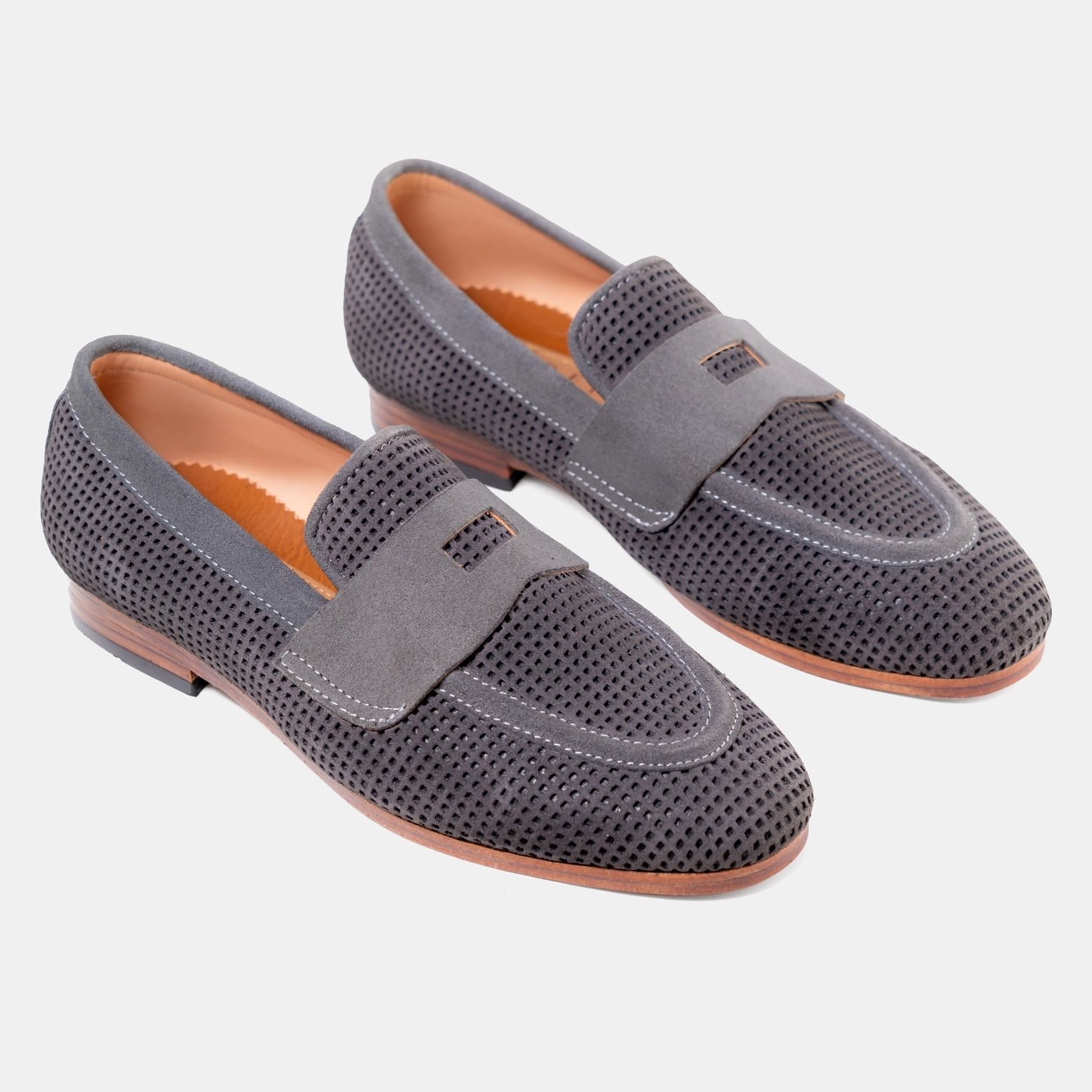 Grey Square Punch Penny Loafer Leather Sole