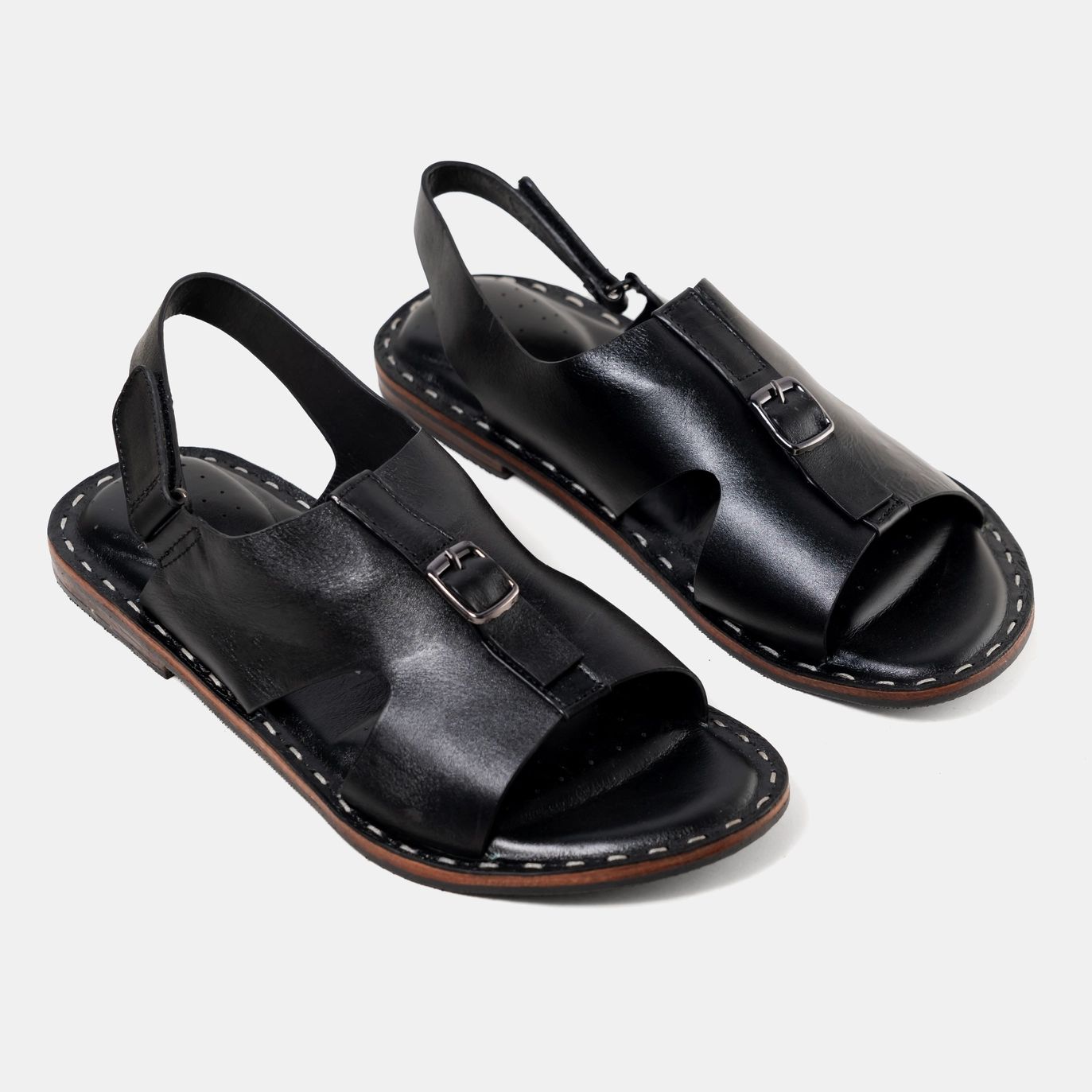 Handmade Straight Buckle Strap Sandal Black 