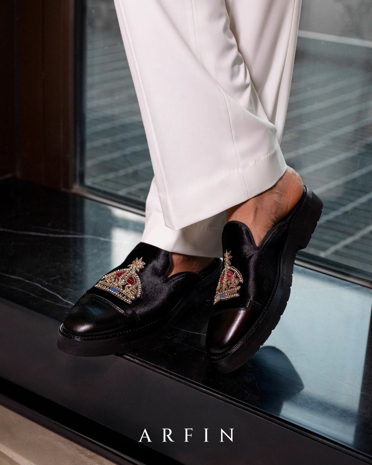 Black Velvet Embroidered Crown Mule Image