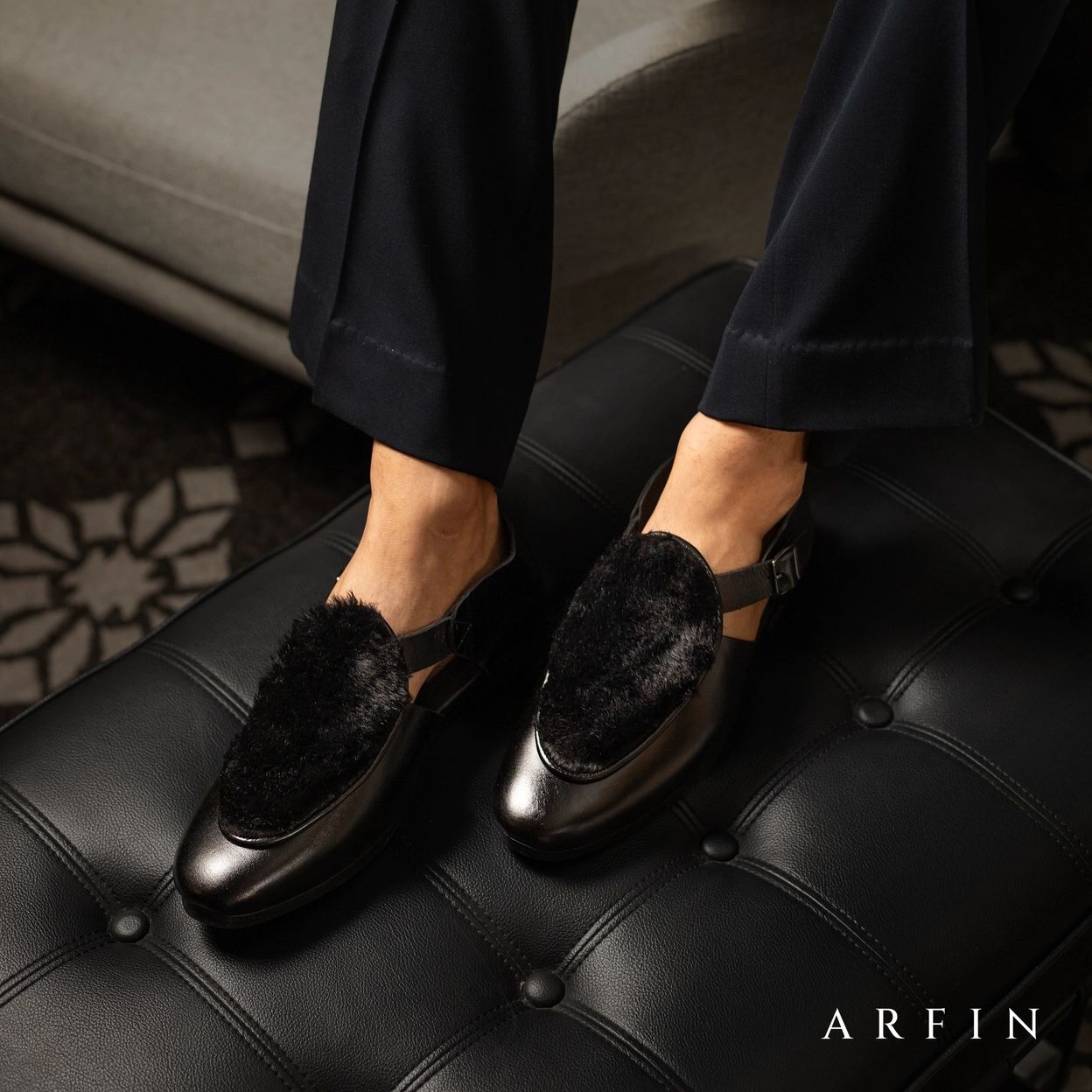 Black Fur Detail Single Monk Mule Image