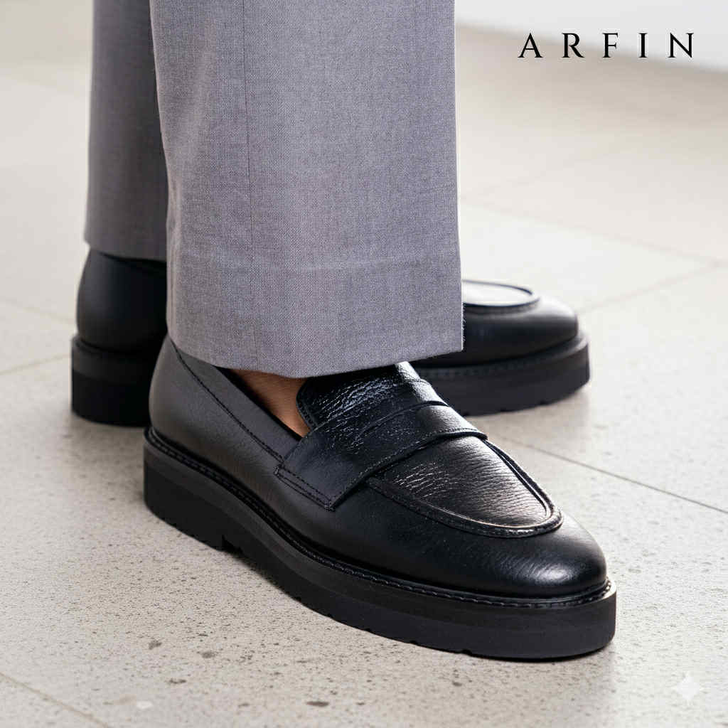 High Comfy Sole Grain Black Penny Loafer (Light-Weight Version) Image
