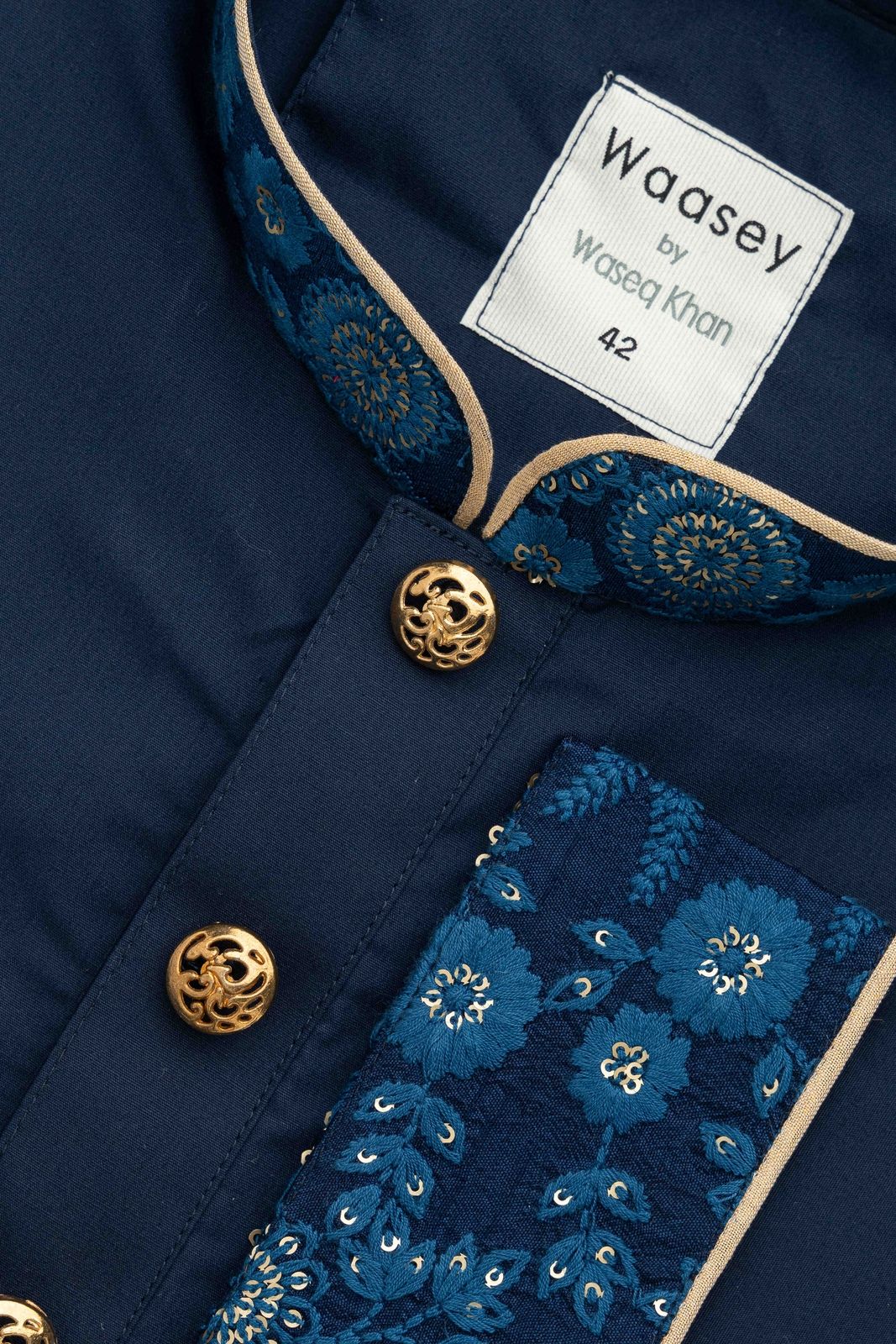 Navy Blue Panjabi with Gold Floral Embroidery | Waasey