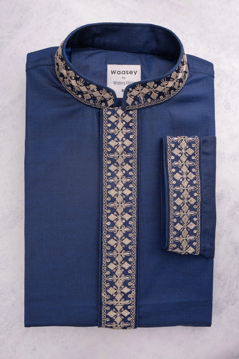 Geometric Gold Panjabi in Navy