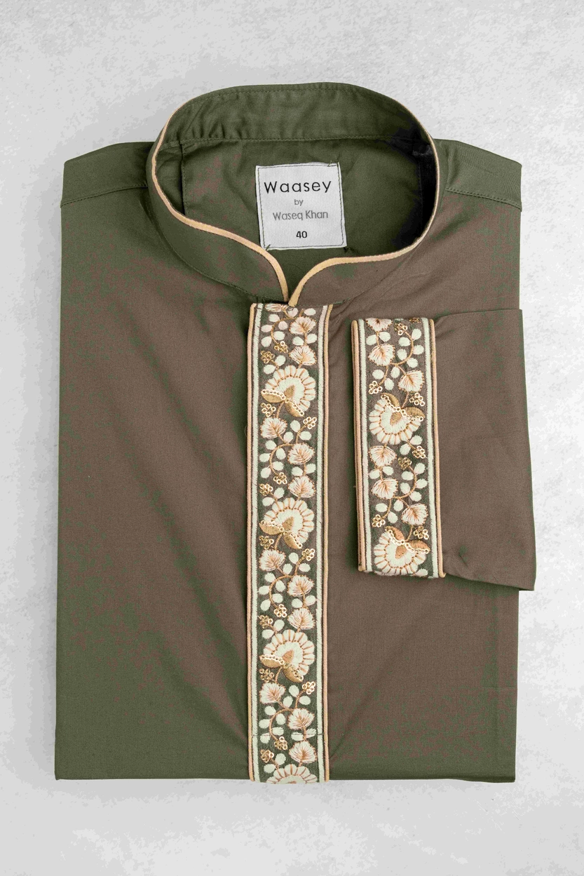 Olive Green Floral Panel Panjabi