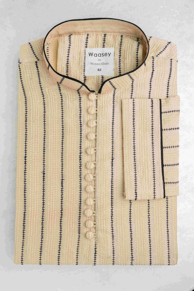 Cream Textured Punjabi with Contrast Stitching