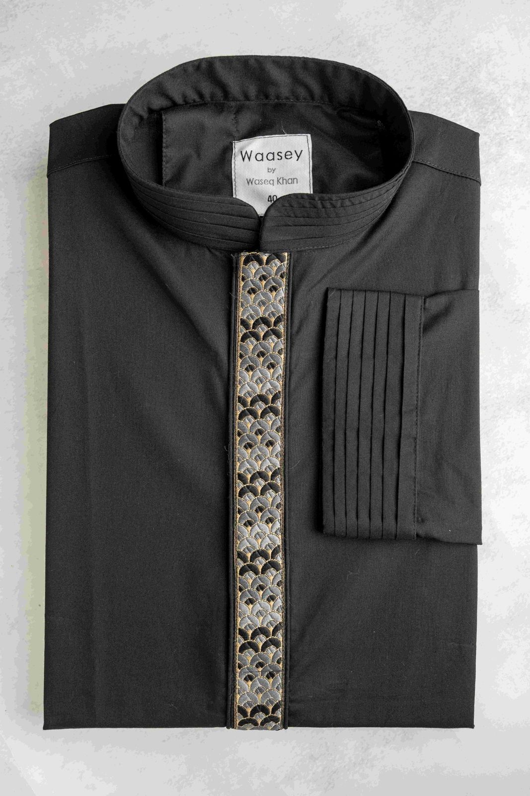 Black Panjabi with Blue and Gold Brocade