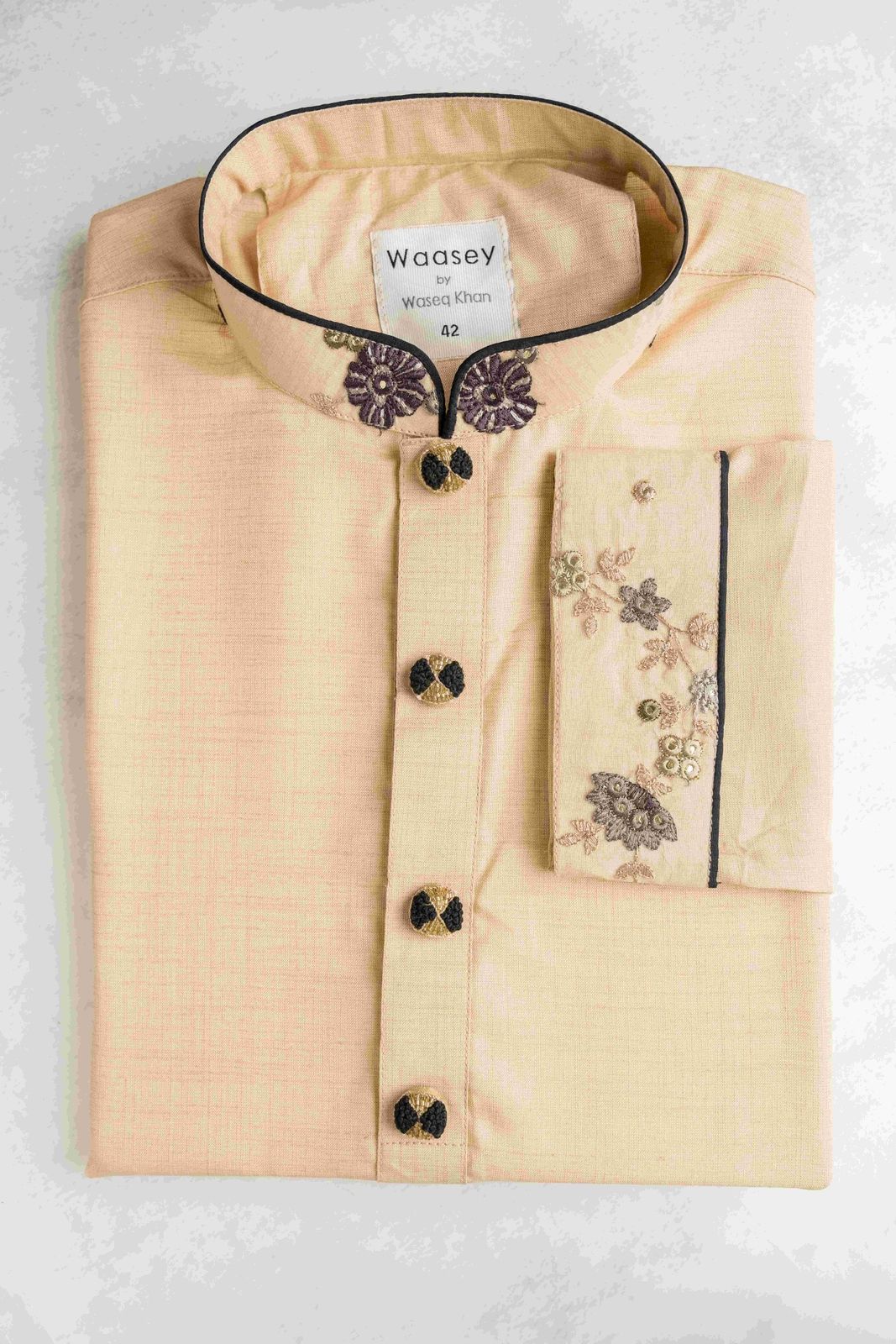 Golden Embroidered Panjabi with Floral Collar Detail