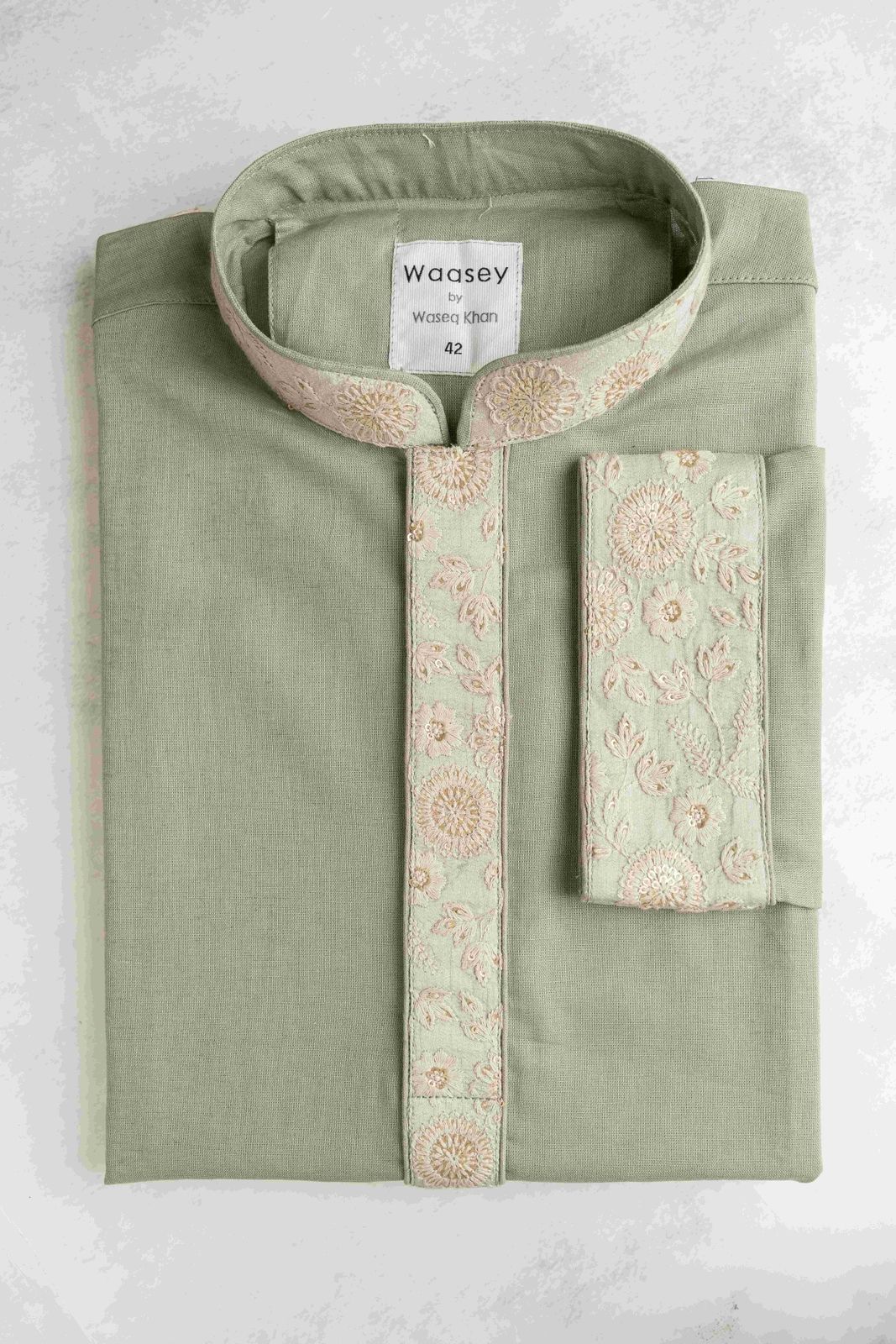 Olive Green Panjabi with Floral Embroidery