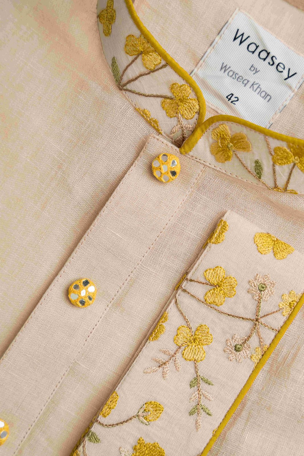 Panjabi with Yellow Floral Embroidery and Buttons