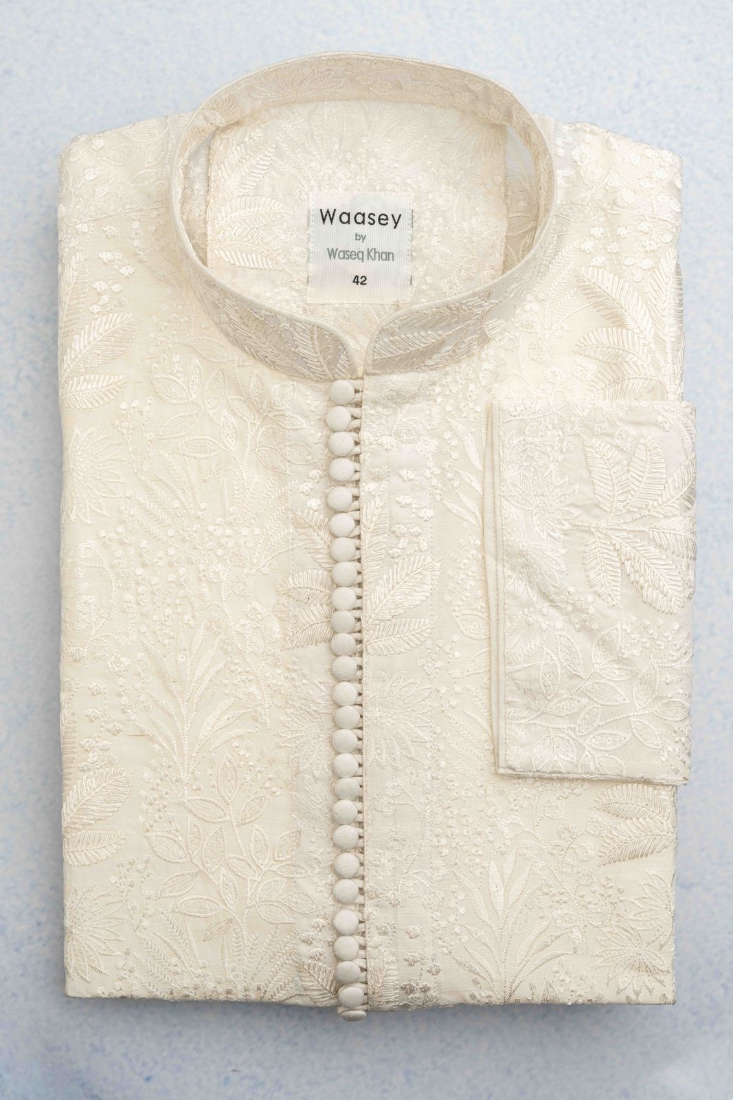 Ivory Embroidered Panjabi with Beaded Placket