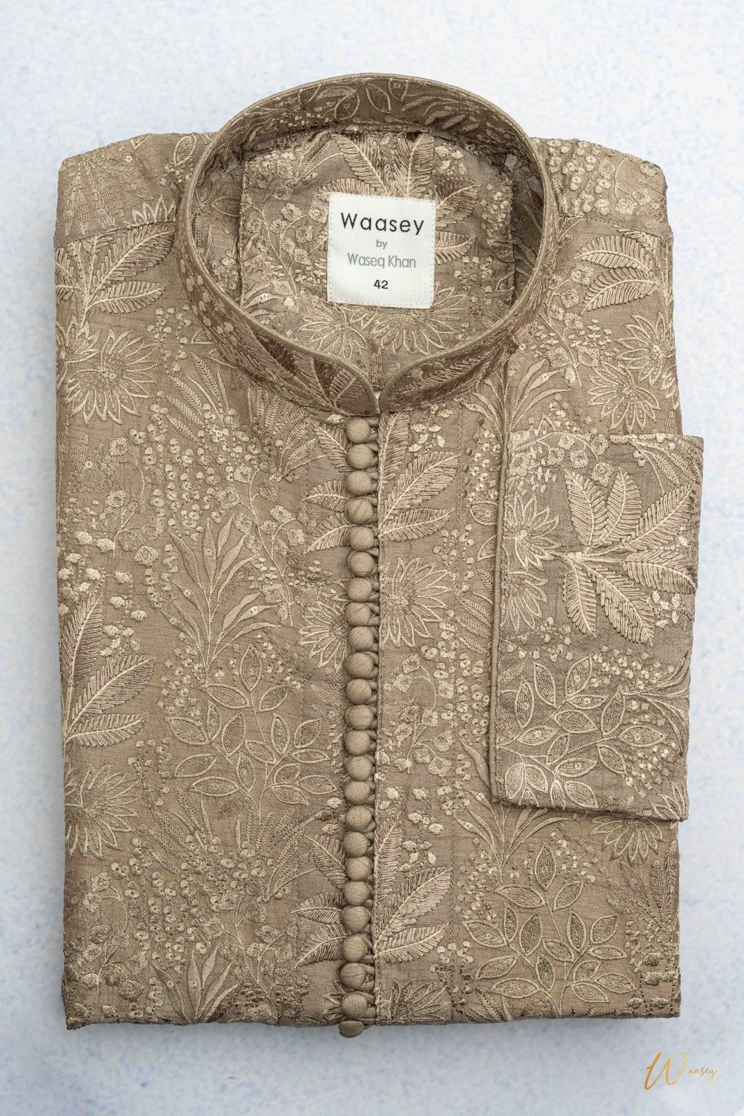 Beige Embroidered Panjabi with Floral Motifs