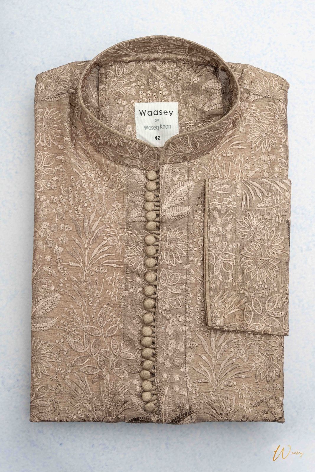 Beige Embroidered Panjabi with Floral Motifs