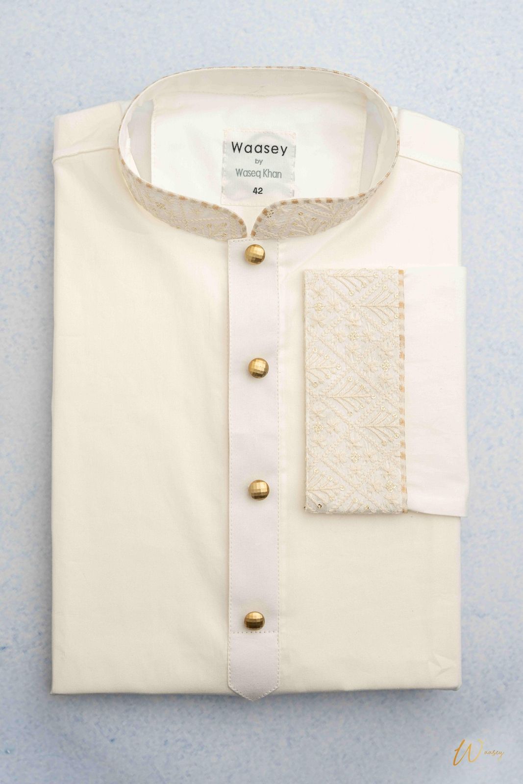 Ivory Embroidered Panjabi with Gold Buttons