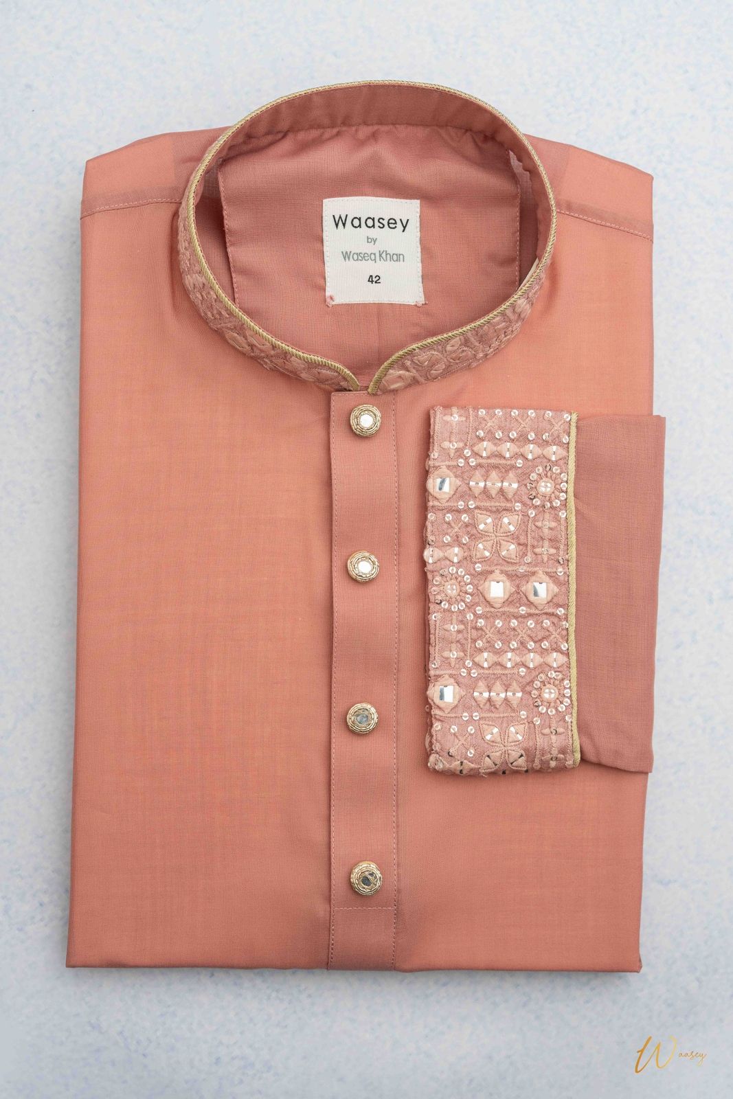 Rustic Peach Panjabi with Embroidered Yoke