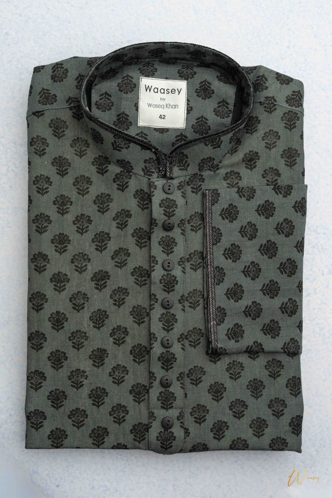 Olive Green Panjabi with Intricate Black Floral Embroidery