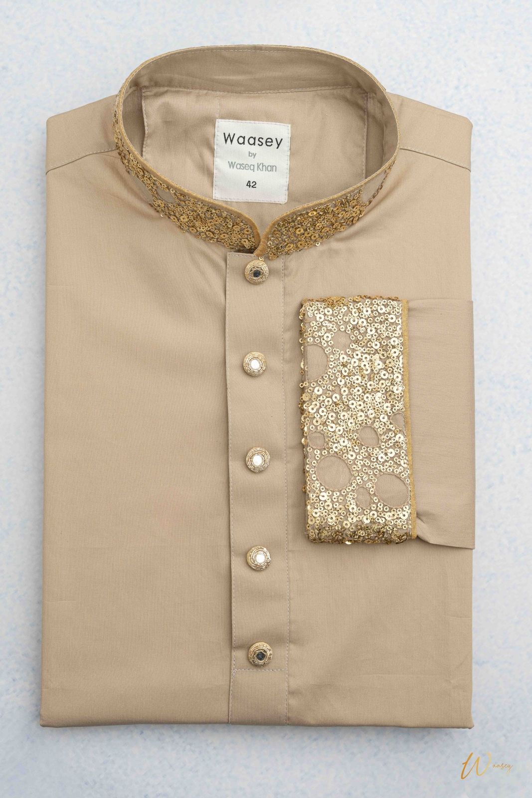 Beige Panjabi with Gold Embroidered Collar