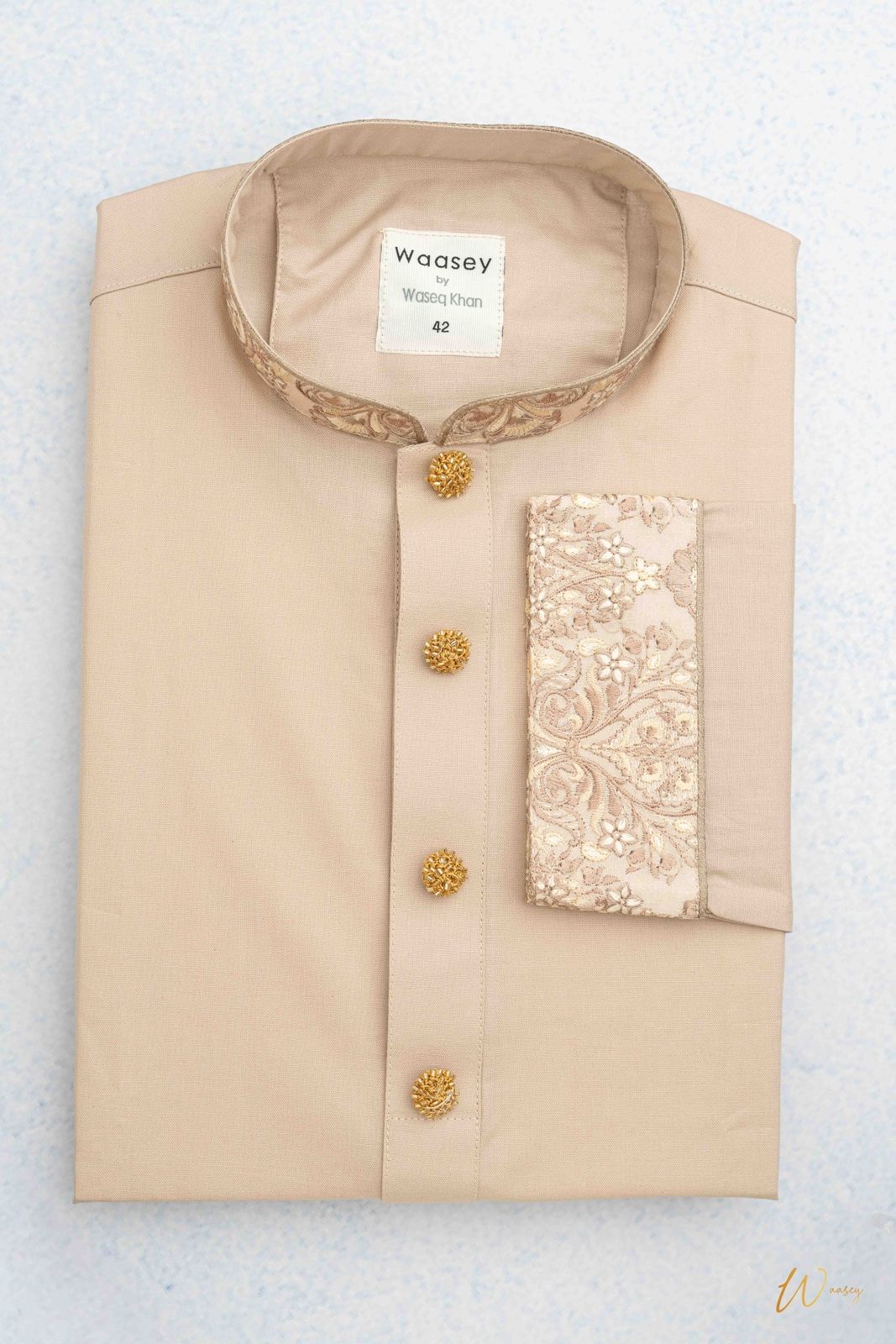 Beige Panjabi with Gold Embroidered Collar