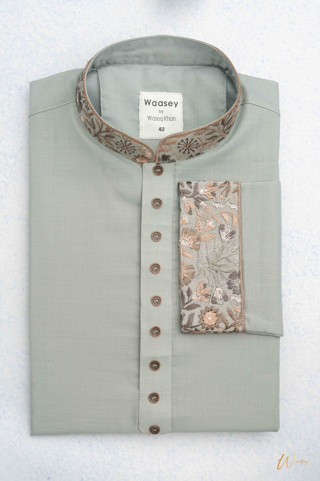 Mint Green Panjabi with Embroidered Floral Collar