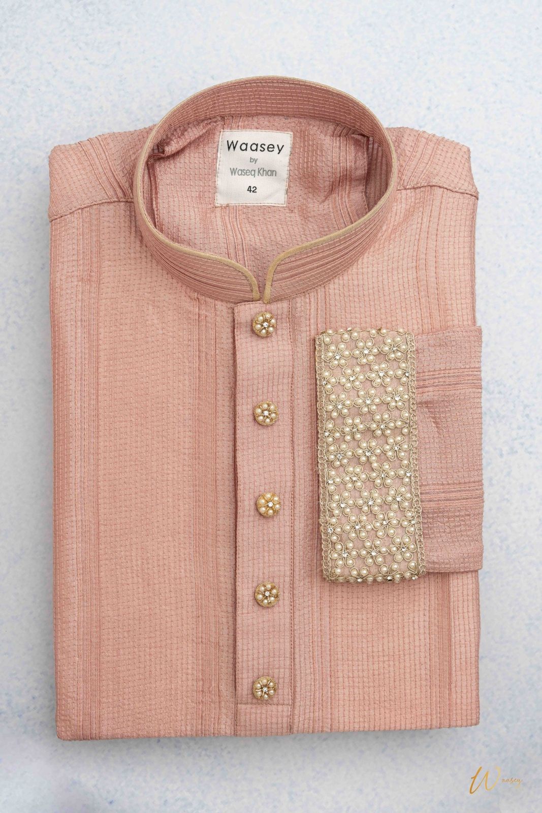 Soft Pink Panjabi with Gold Floral Embroidery