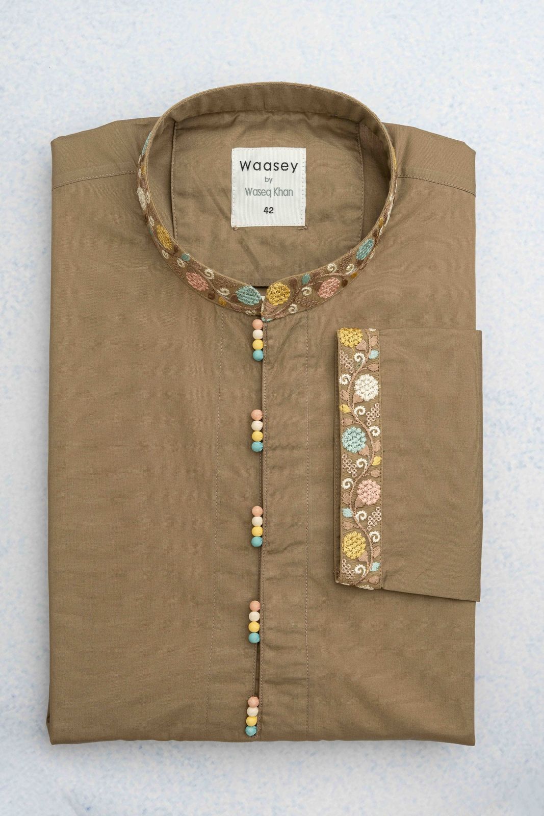 Brown Panjabi with Colorful Embroidered Collar