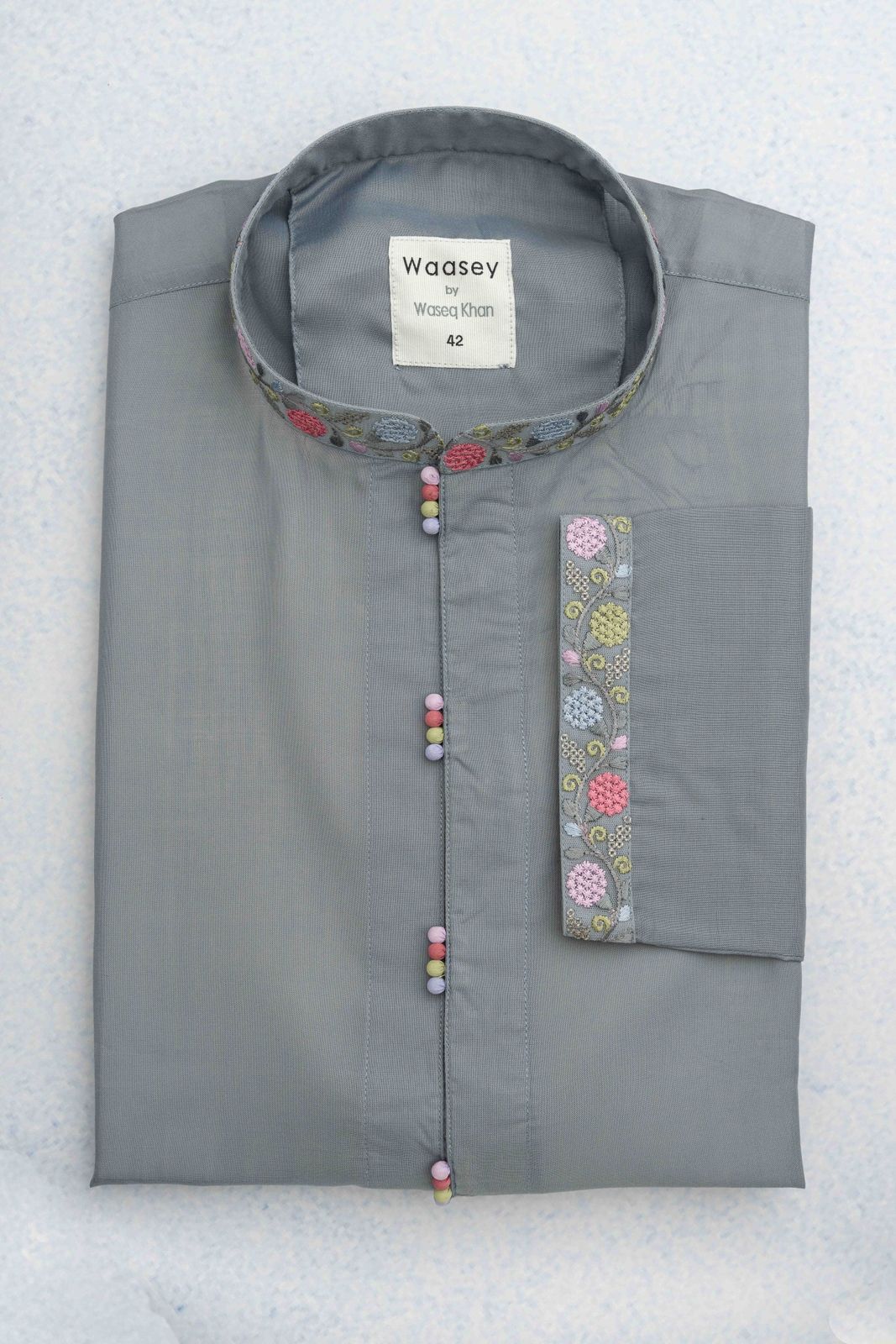 Gray Panjabi with Colorful Embroidered Collar