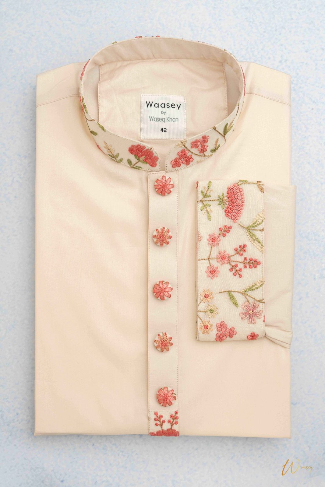 Cream Panjabi with Embroidered Floral Collar