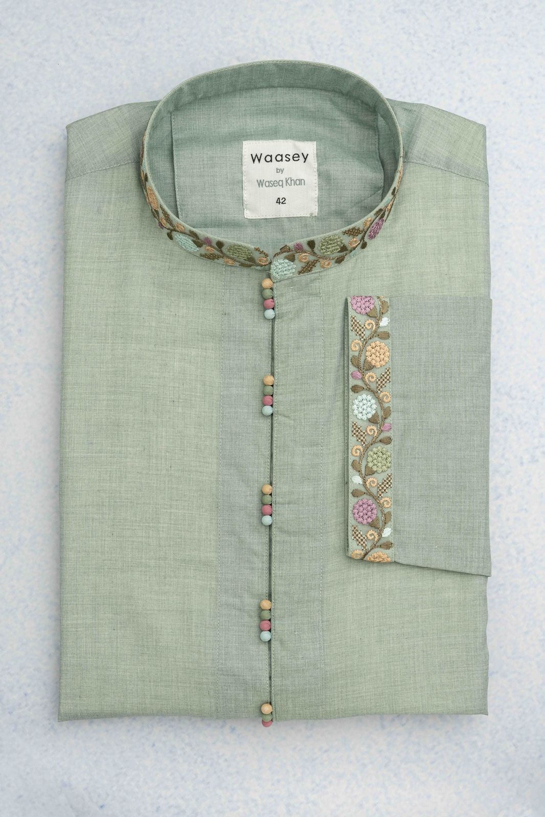 Mint Green Panjabi with Floral Embroidery