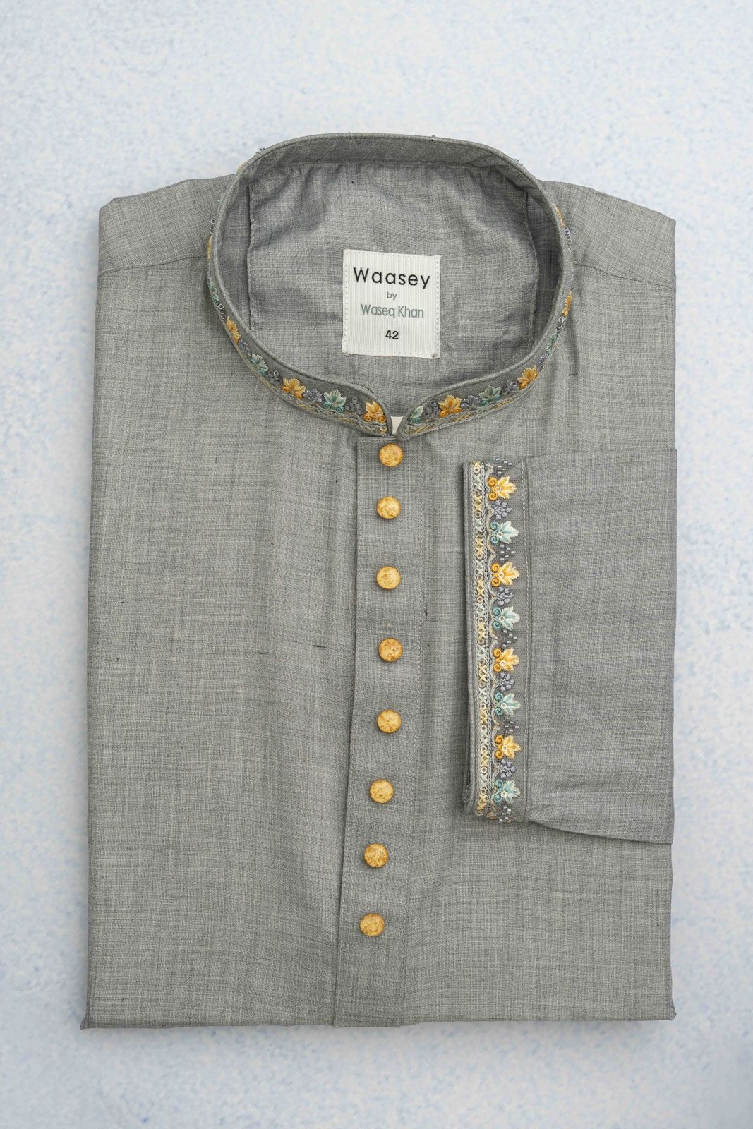 Heather Grey Panjabi with Embroidered Floral Collar