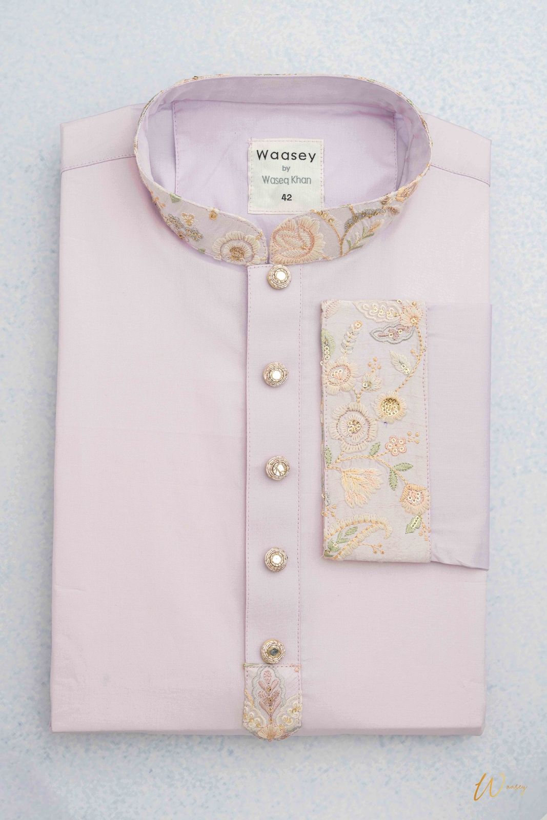 Pastel Pink Panjabi with Embroidered Floral Collar
