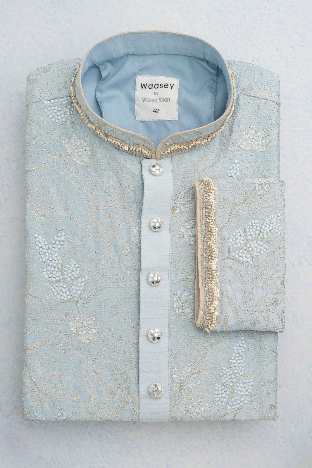 Sky Blue Panjabi with Gold Floral Embroidery